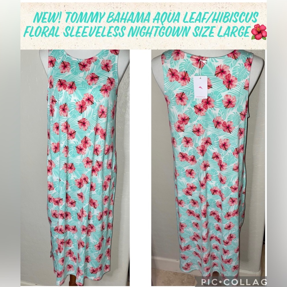 New! Tommy Bahama Aqua Leaf/Hibiscus Floral Sleeveless Nightgown Size Large🌴🌺